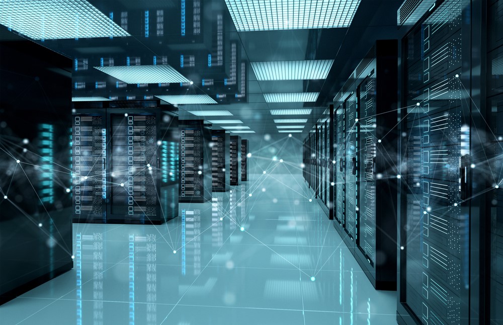 A 3D rendering of a server room with a glowing blue network of connections between the servers illustrating the search query 'Cloud service reliability factors infrastructure network security customer support'.