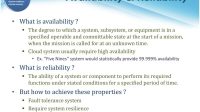The image shows a slide titled 'Availability and Reliability' with a bulleted list of its subtopics: 'What is availability?', 'What is reliability?', and 'How to achieve these properties?'. The slide explains that cloud systems usually require high availability and reliability and provides examples of how to achieve these properties.