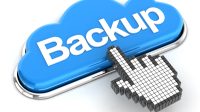 A 3D rendering of a blue cloud with the word BACKUP on it. A hand cursor is hovering over the cloud.