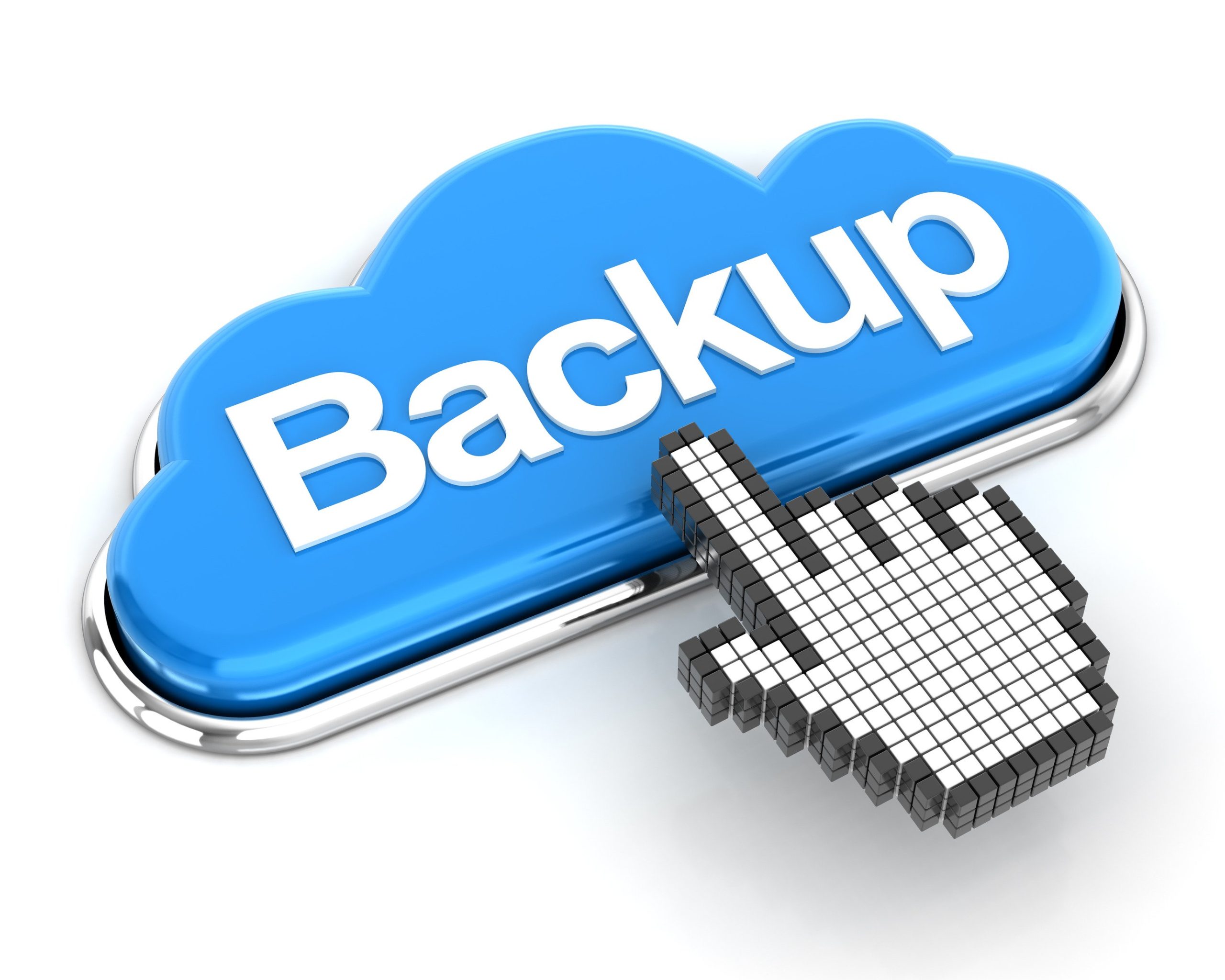A 3D rendering of a blue cloud with the word BACKUP on it. A hand cursor is hovering over the cloud.