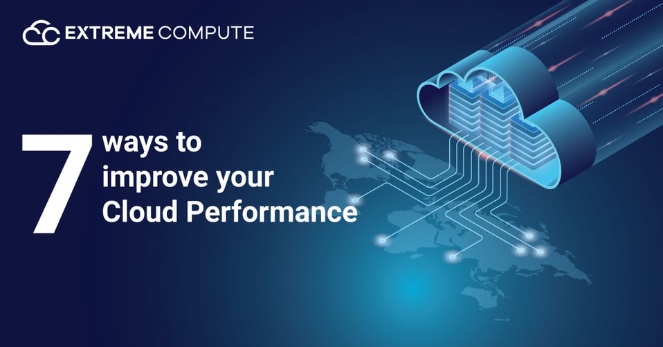 A blue and black background with a cloud and servers connected by blue lines with the text '7 Ways to Improve Your Cloud Performance'.