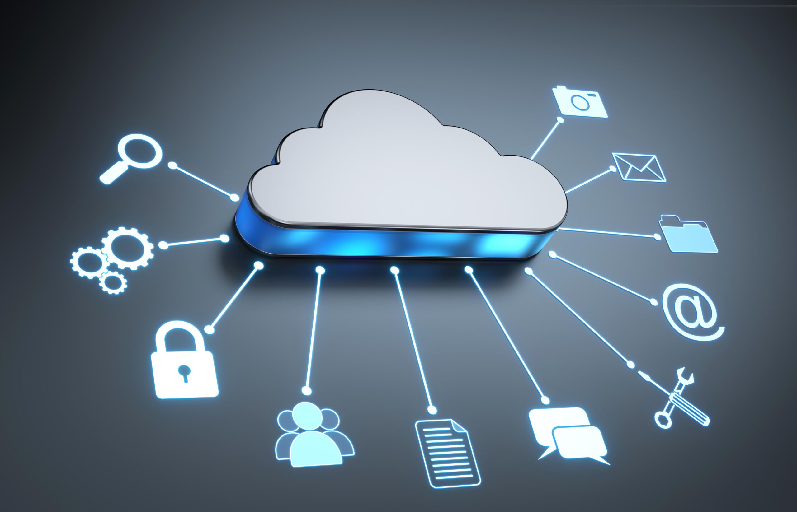 A 3D illustration of a silver cloud with a blue glow at the base with several icons such as a magnifying glass, camera, envelope, folder, and others representing different types of cloud services.
