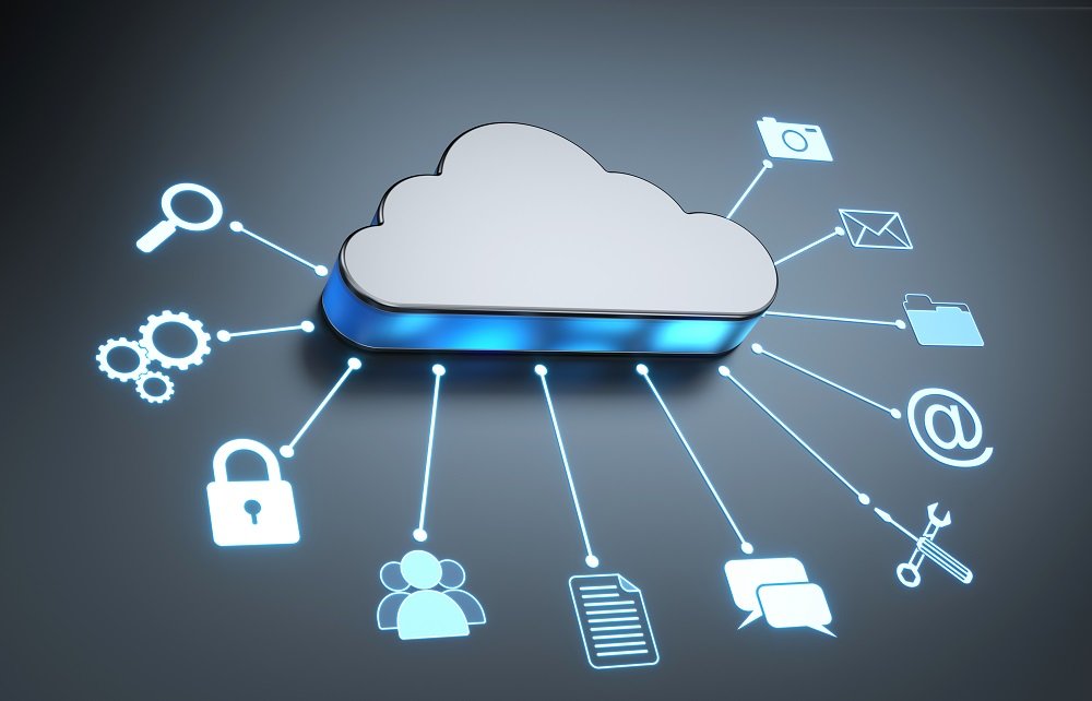 A conceptual image representing data disposal best practices for cloud services, with a silver cloud at the center and various icons such as a magnifier, camera, gears, lock, people, and documents connected to it.