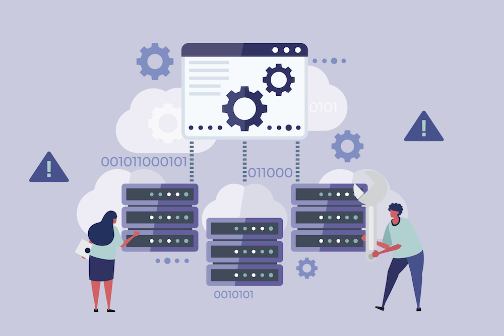 A graphic showing a woman and a man in front of a server rack with a wrench and clipboard, with the words '01001011', '011000', and '0010101' above each server, and '01011001' above the woman's clipboard, and '01100011 01100101 01100101 01101110 01100111 00100000 01001001 00100000 01100010 01100101 01100101 01101110 01100111 00100000 01110100 01101000 01100101 00100000 01110111 01101001 01110100 01110011' in small print at the bottom.