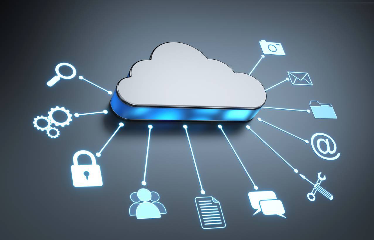 A silver cloud with a blue glow in the center is surrounded by icons representing data, security, collaboration, and communication. The image represents the search query 'Cloud service data governance in the digital era'.