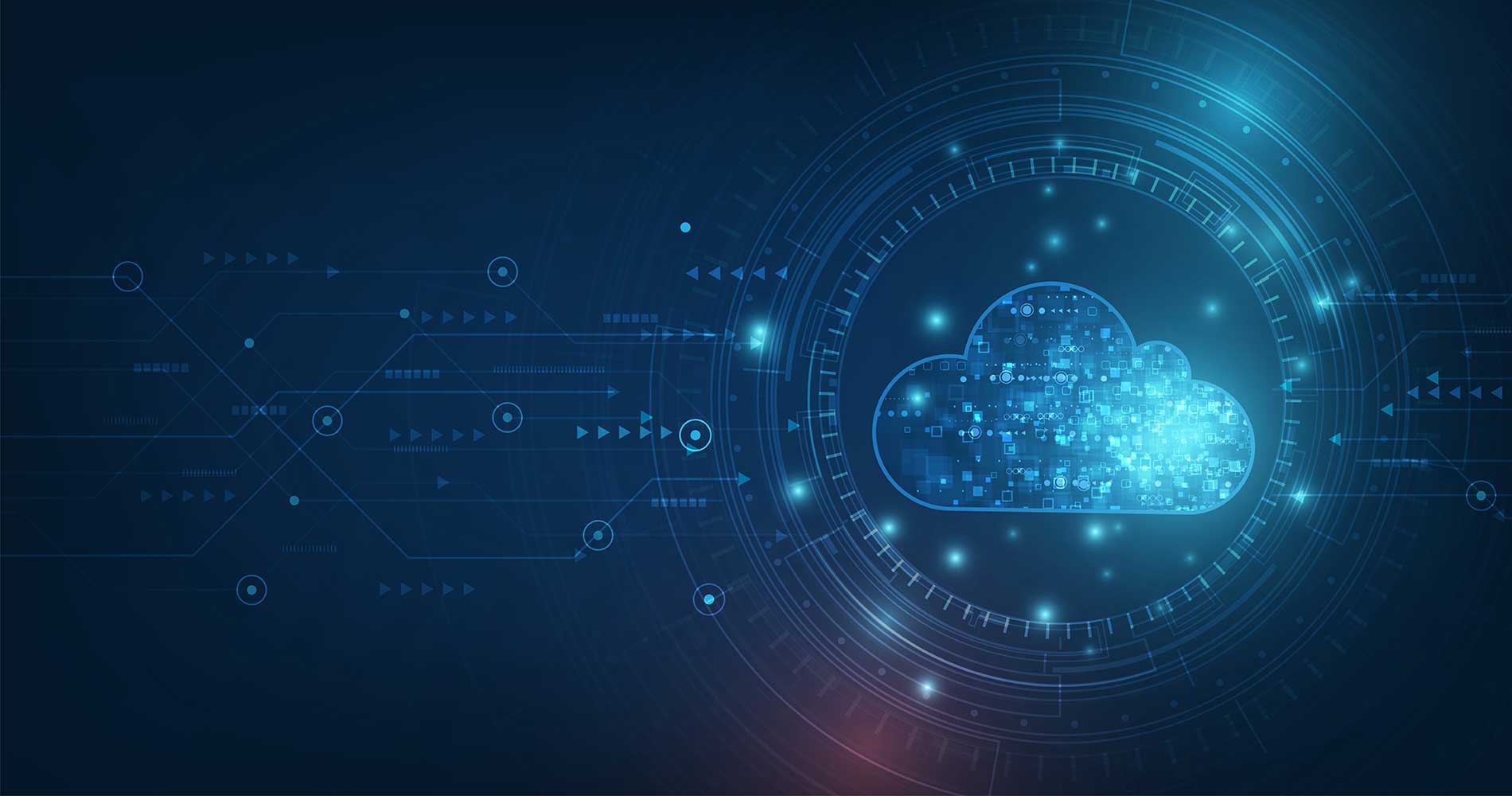 A glowing blue cloud icon with a circuit board pattern in the center, surrounded by a circle of smaller blue circles and arrows on a dark blue background represents cloud service data synthesis.