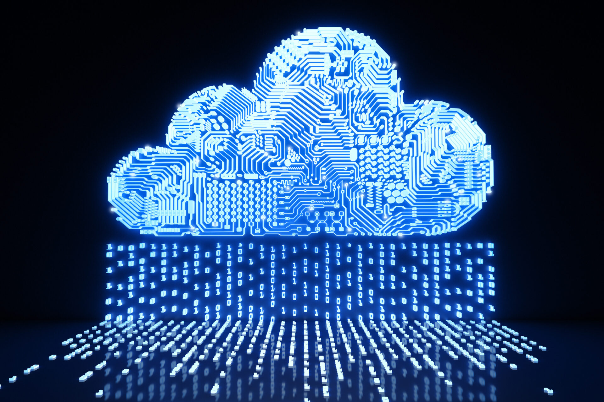 A blue circuit board shaped cloud with binary code flowing out of it to represent data integrity measures for cloud services.