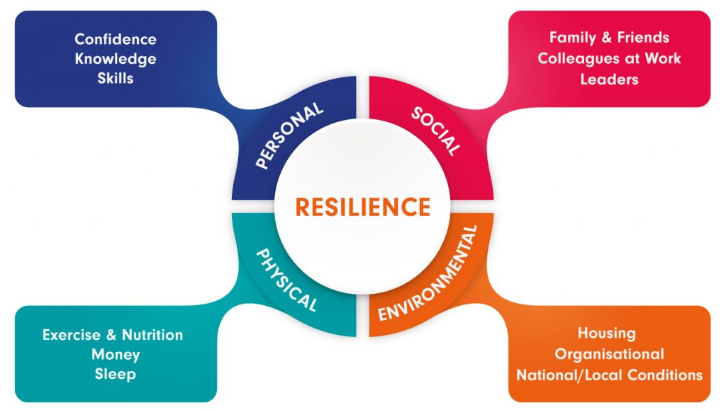 A diagram of a cloud data resilience strategy, showing the personal, social, physical, and environmental factors that contribute to resilience.