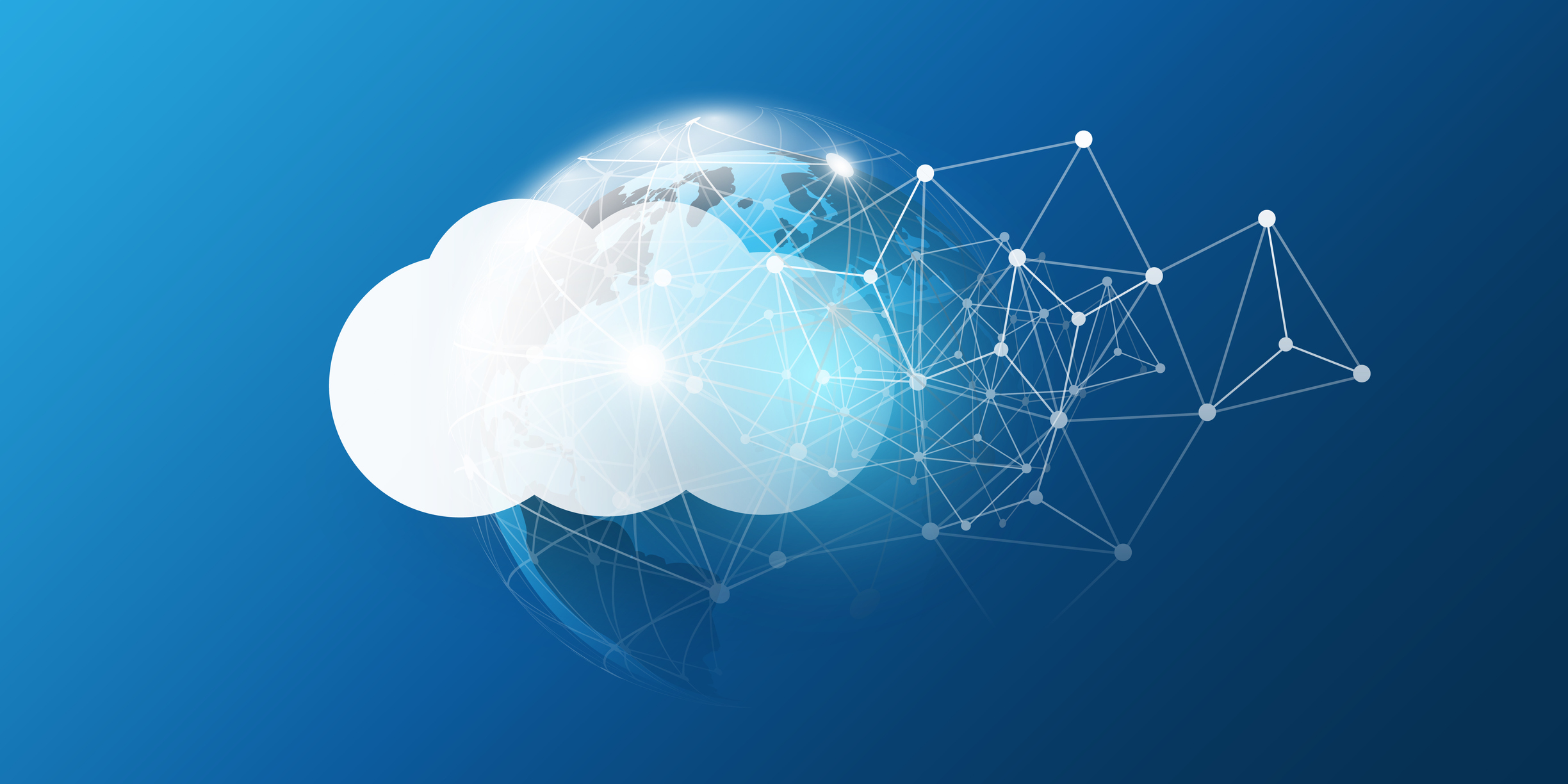 A white padlock on a white cloud computing symbol with a blue background representing data privacy in cloud computing services.