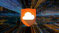 A white cloud icon inside an orange shield over a blue and black background of streaming binary code.