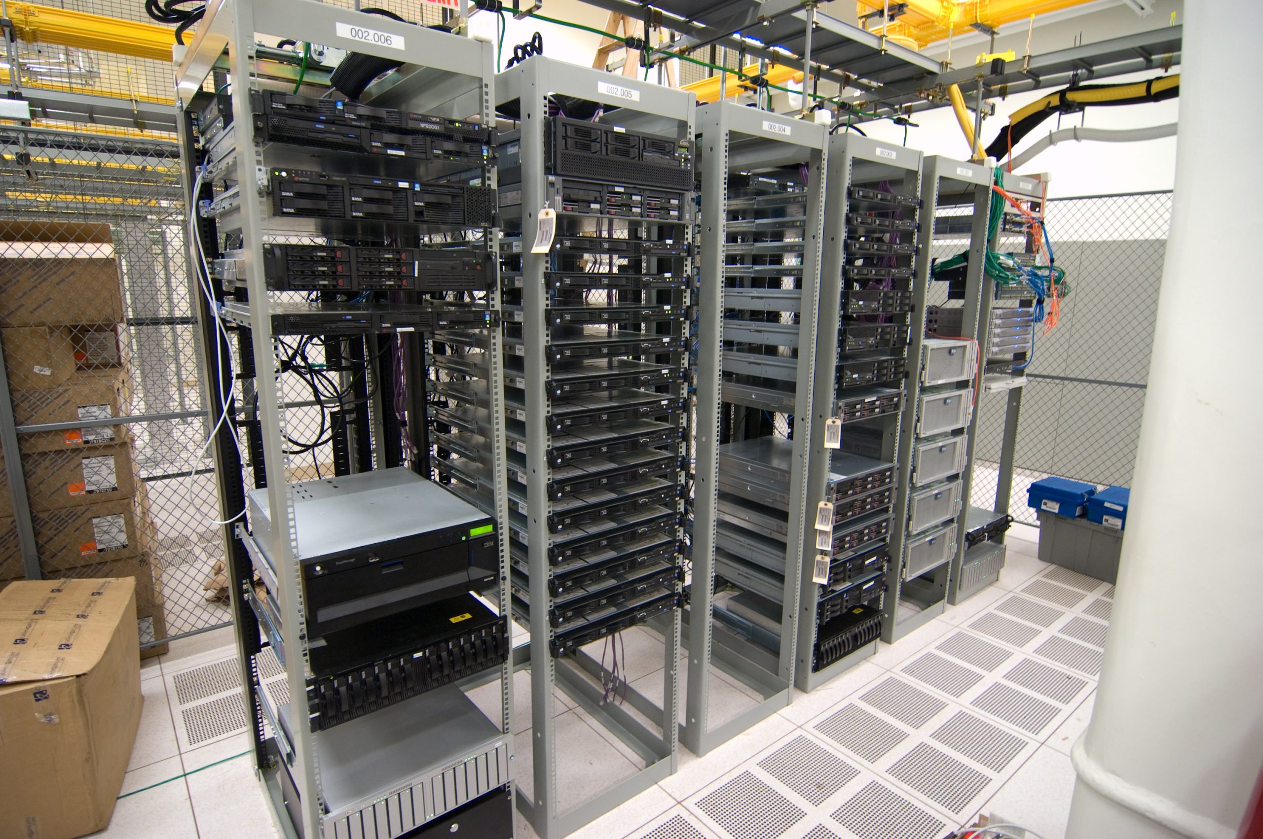 A cloud service data center interior with servers and racks.